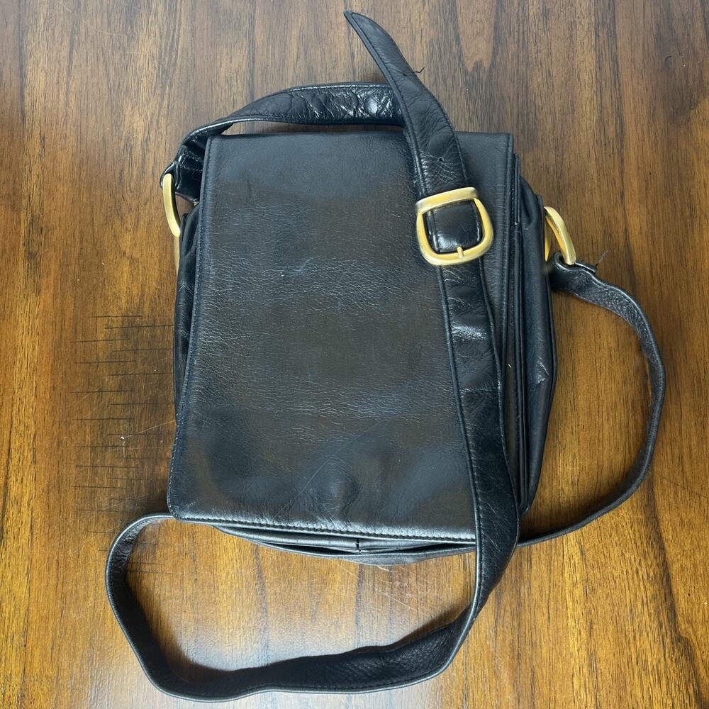 Vintage Black Boho Lord & Taylor Leather Crossbody Bag Purse 7" x 6.5” Classic